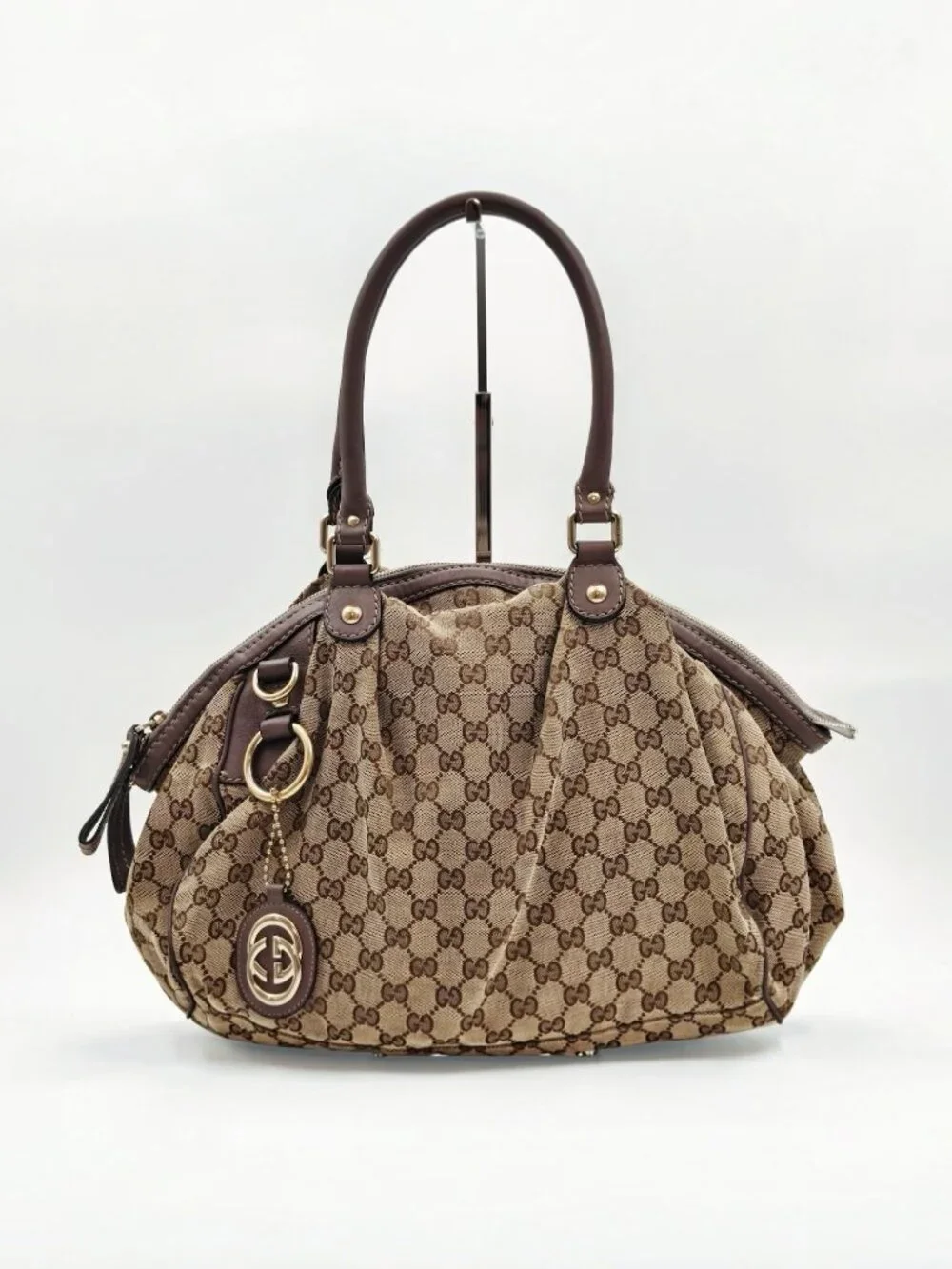 Gucci GG Canvas Sukey Large Shoulder Bag Beige Brown Monogram Leather Trim